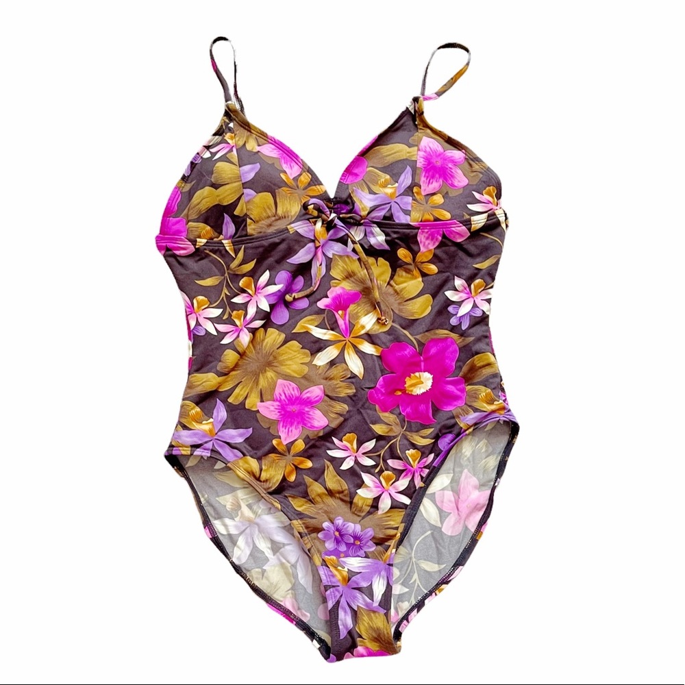 Vintage 90s Tropical Brown Floral One Piece Swimsuit Coconut Girl